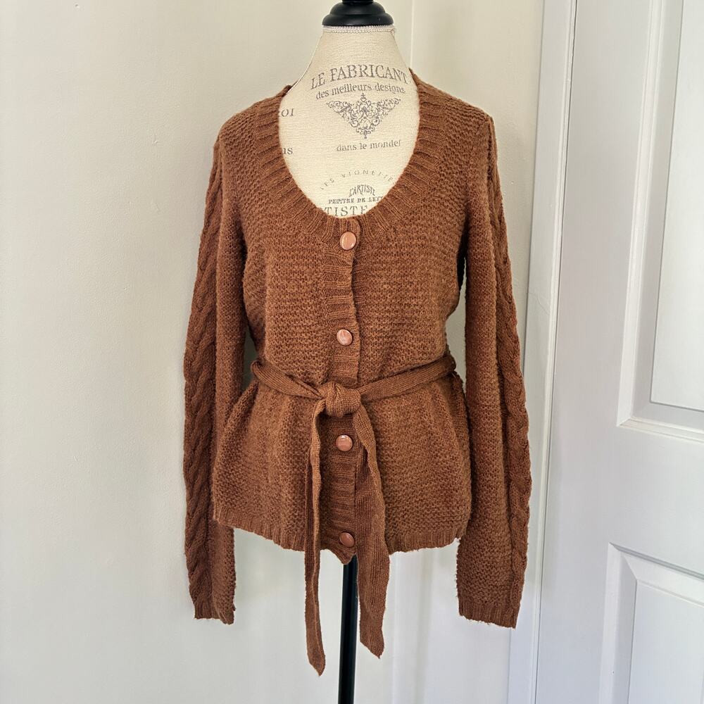 L’acadamie Mohair Wool Brown Cable-knit Belted cardigan Sweater Size L